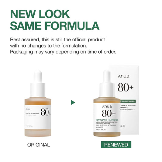 Anua Heartleaf 80 Soothing Ampoule, Hydration Facial Serum for Glass Skin, Panthenol, Hyaluronic Acid, Non-Greasy, Gentle Formula, Lightweight Essence, Vegan, Korean Skin Care, 30ml/1.01 fl.oz