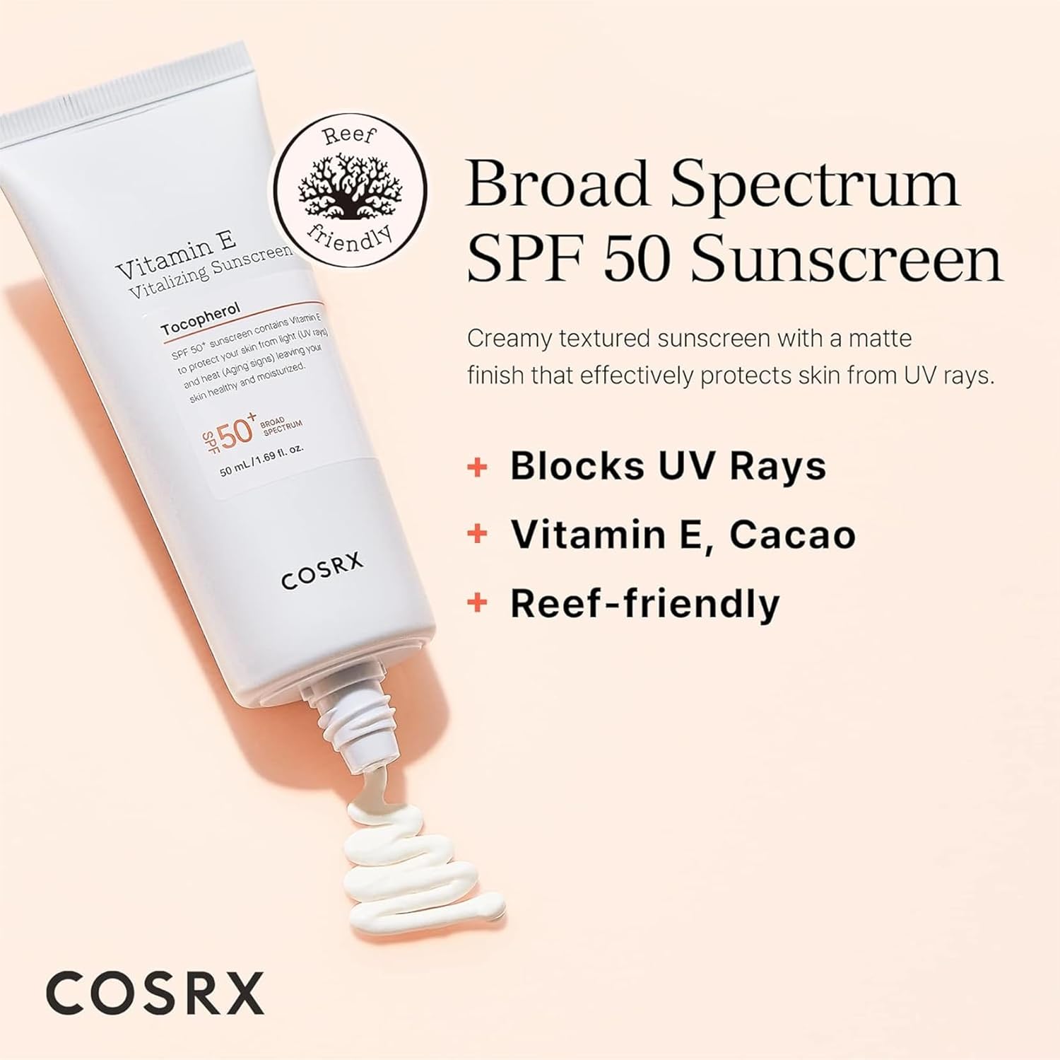 COSRX Vitamin E Vitalizing Face Sunscreen SPF 50, 1.69 fl oz, SPF Moisturizer, Lightweight under Makeup, Travel Essentials, Summer Essentials, Korean Skin Care, Korean Sunscreen for Face