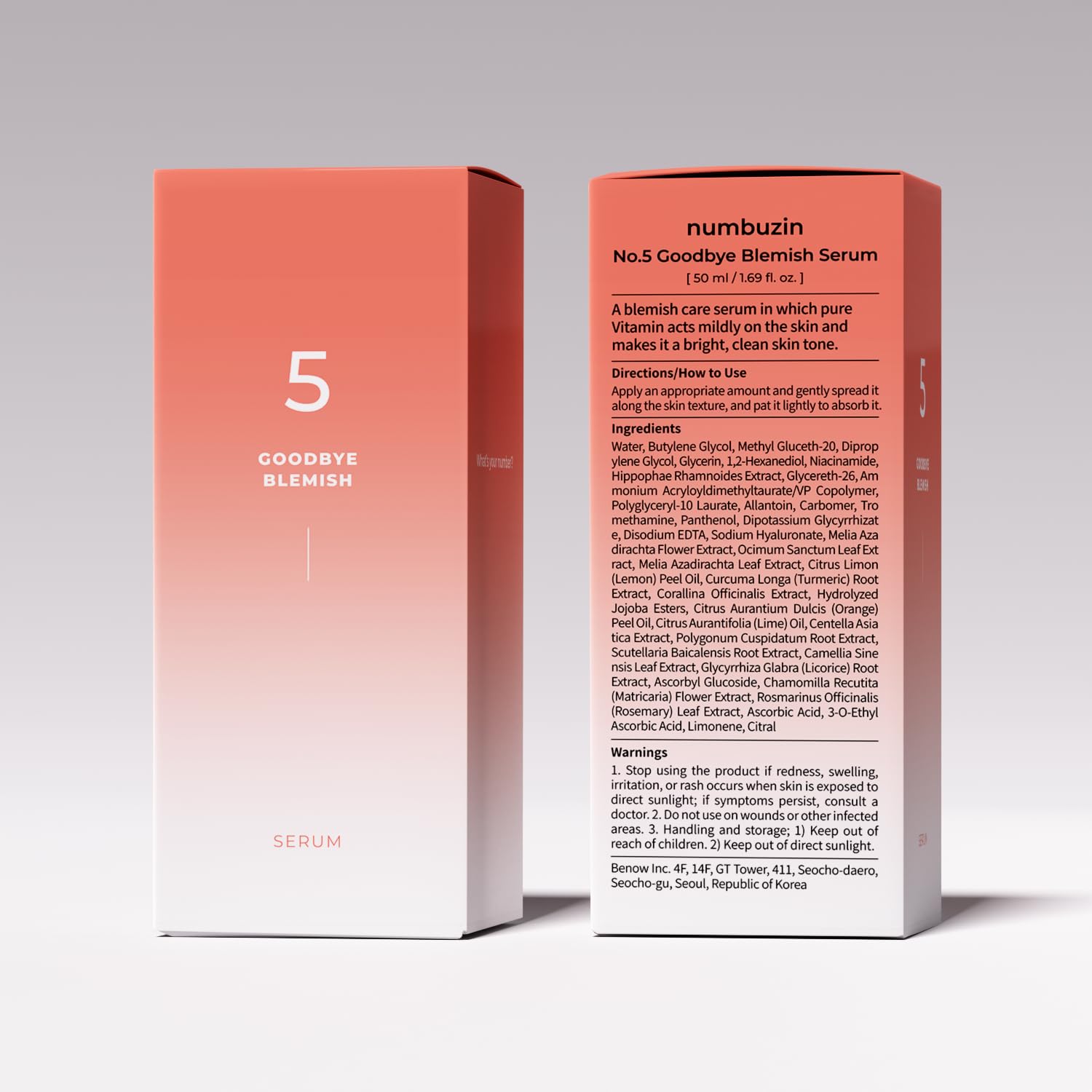 numbuzin No.5 Serum | Goodbye Blemish Serum | for Acne Scars with Vitamin C, Niacinamide, Antioxidant | Lightweight Gel, Korean Skincare for Face | 1.69 fl. oz.