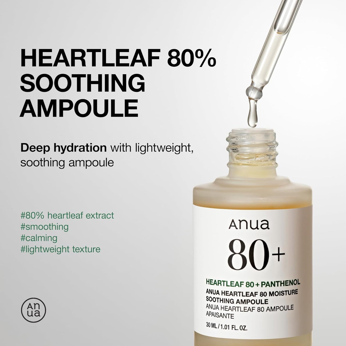 Anua Heartleaf 80 Soothing Ampoule, Hydration Facial Serum for Glass Skin, Panthenol, Hyaluronic Acid, Non-Greasy, Gentle Formula, Lightweight Essence, Vegan, Korean Skin Care, 30ml/1.01 fl.oz
