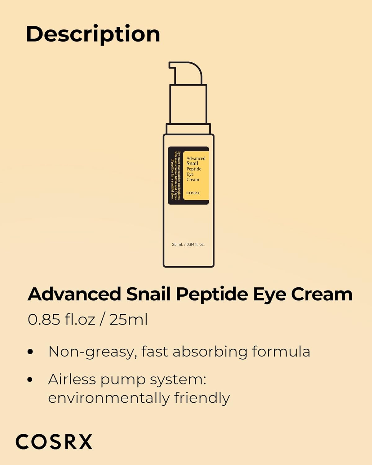 COSRX Snail Mucin Peptide Under Eye Cream, 0.84 fl oz, 73.7% Snail Mucin and Niacinamide, Eye Care, Eye Cream Anti Aging, Dark Circles, Korean Skin Care
