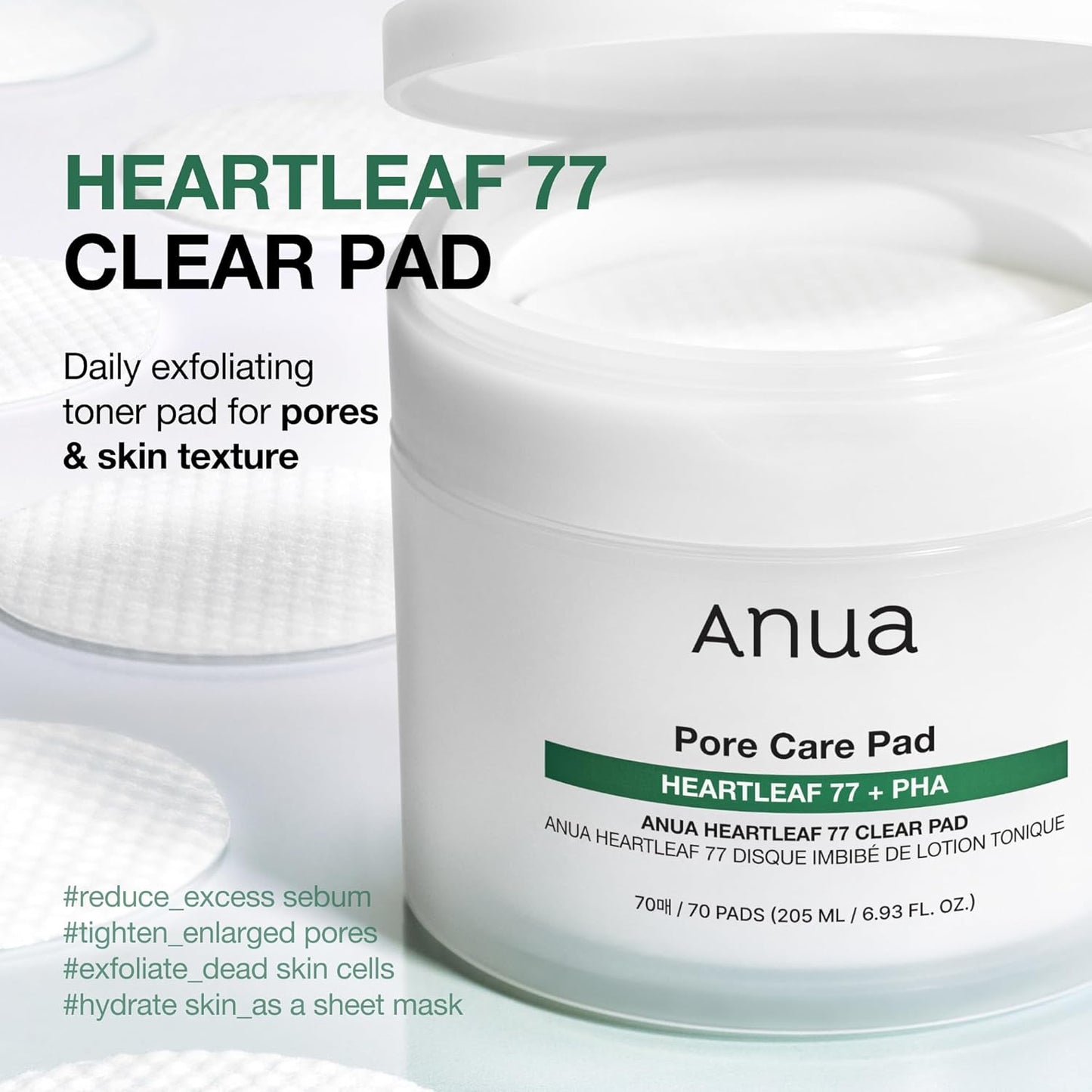 ANUA Heartleaf 77 Toner Pad, Mild Exfoliating Facial Pads for Glass Skin, Hydrating Pore Care for Sensitive Skin, Heartleaf Extract, PHA, Centella, Non comedogenic, Korean Skin Care (70 Pads)