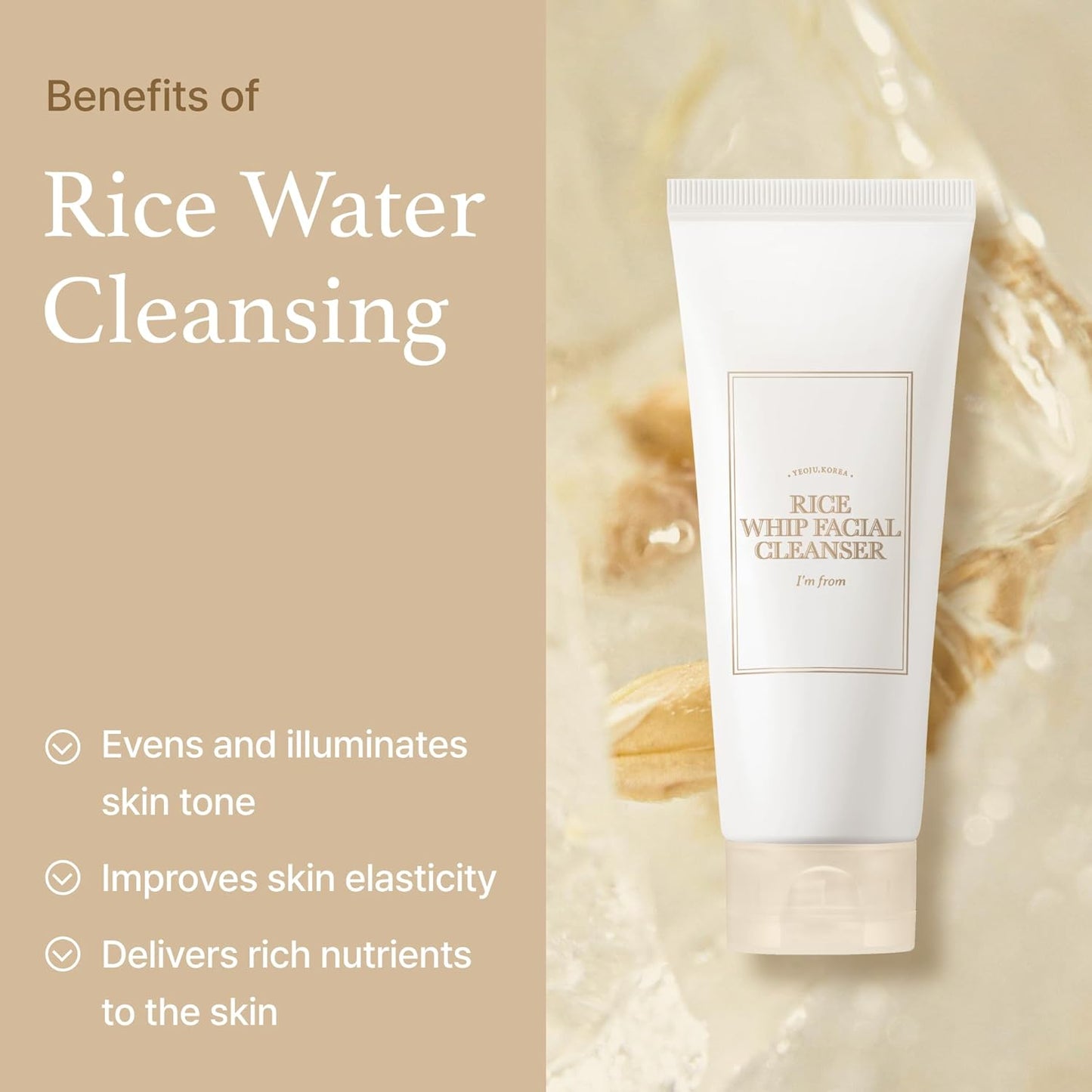 I'm from Rice Whip Facial Cleanser, low-pH Korean Rice Water Face Wash for sensitive, dry skin, Gentle Face Wash for Hydrating & Moisturizing, Creamy Lather, Makeup Remover (5.07 Fl Oz)